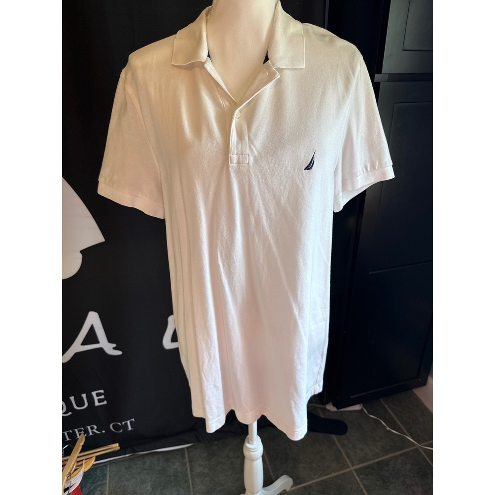 Nautica Mens Slim Fit Pique Polo Shirt White Short Sleeve Logo Size L